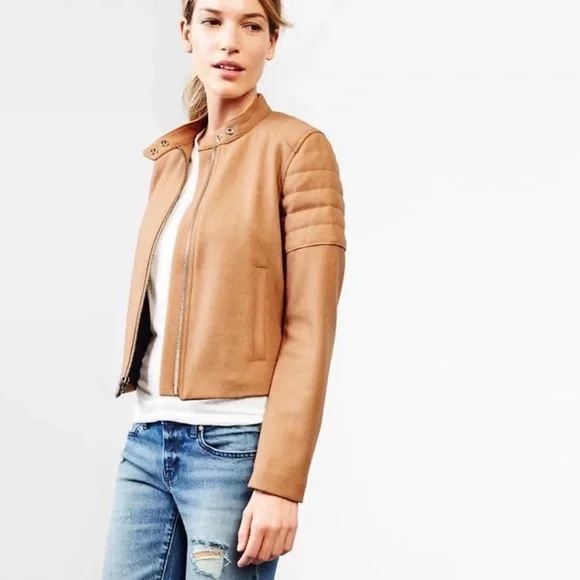 Sold eb GAP Brown Camel Quilted Sleeve Wool Blend Zip Moto Jacket - Picture 2 of 13